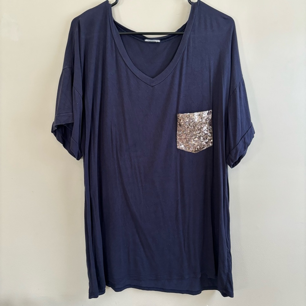 Women’s Navy Blue Sequin Pocket Tee Size 2XL